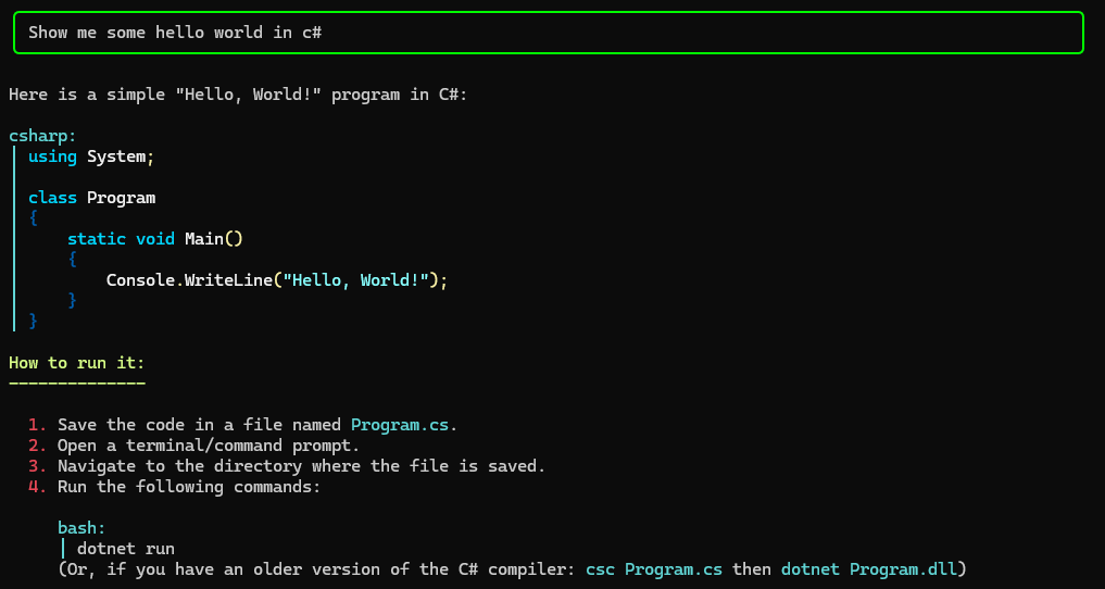 Terminal showing streamed AI chat output